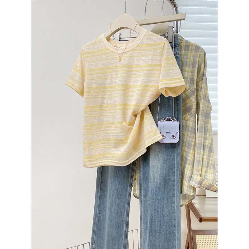 夏季洋气彩色经典条纹短袖T恤设计感百搭显瘦上衣服独特漂亮小衫