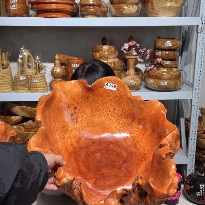 实木根雕榴花精品果盆749