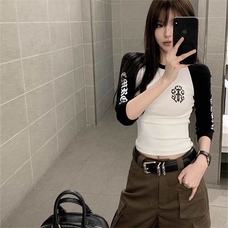 十字架梵文拼色印花七分袖T恤女秋季新款设计感纯欲显瘦1023