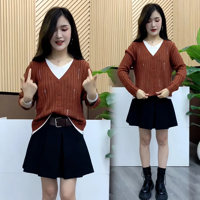 慵懒风休闲简约v领针织衫女2025秋冬新款洋气百搭显瘦假两件上衣