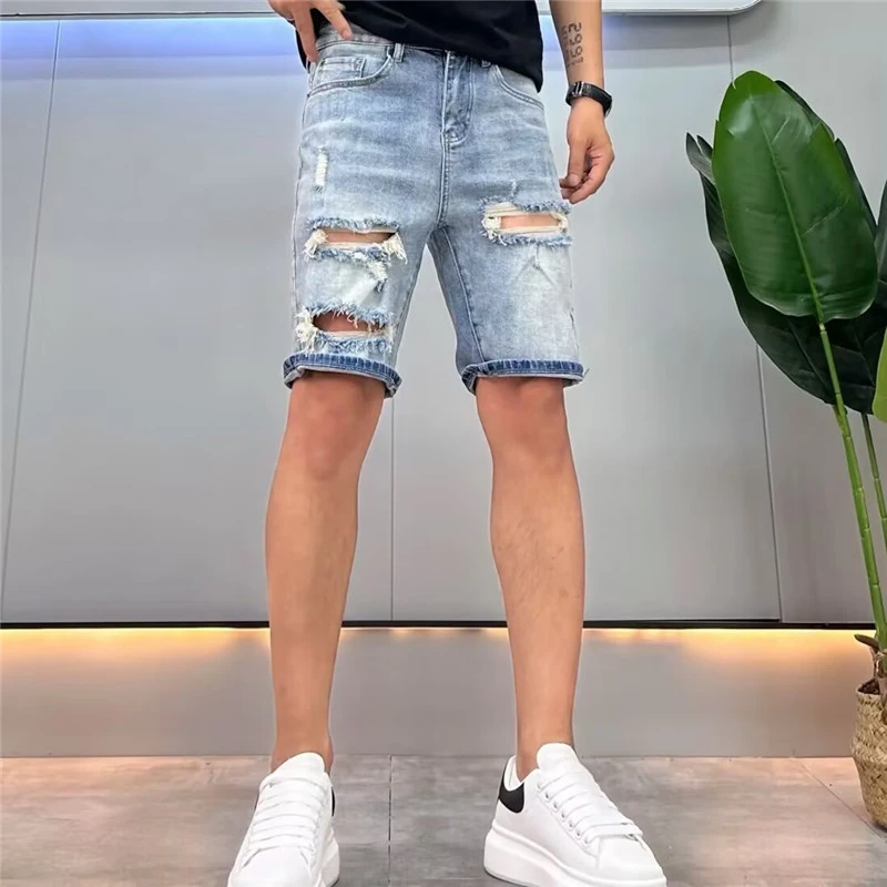 设计款破洞牛仔短裤男修身2025夏季新款韩版复古刮烂休闲五分裤潮