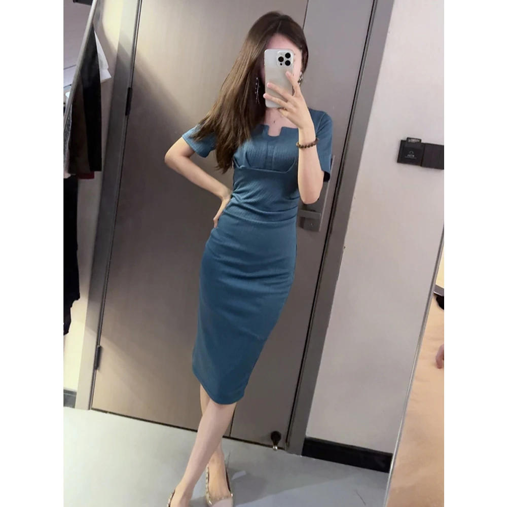 【晶灿专供】蓝色方领连衣裙2025新款气质修身显瘦包臀裙连衣裙女