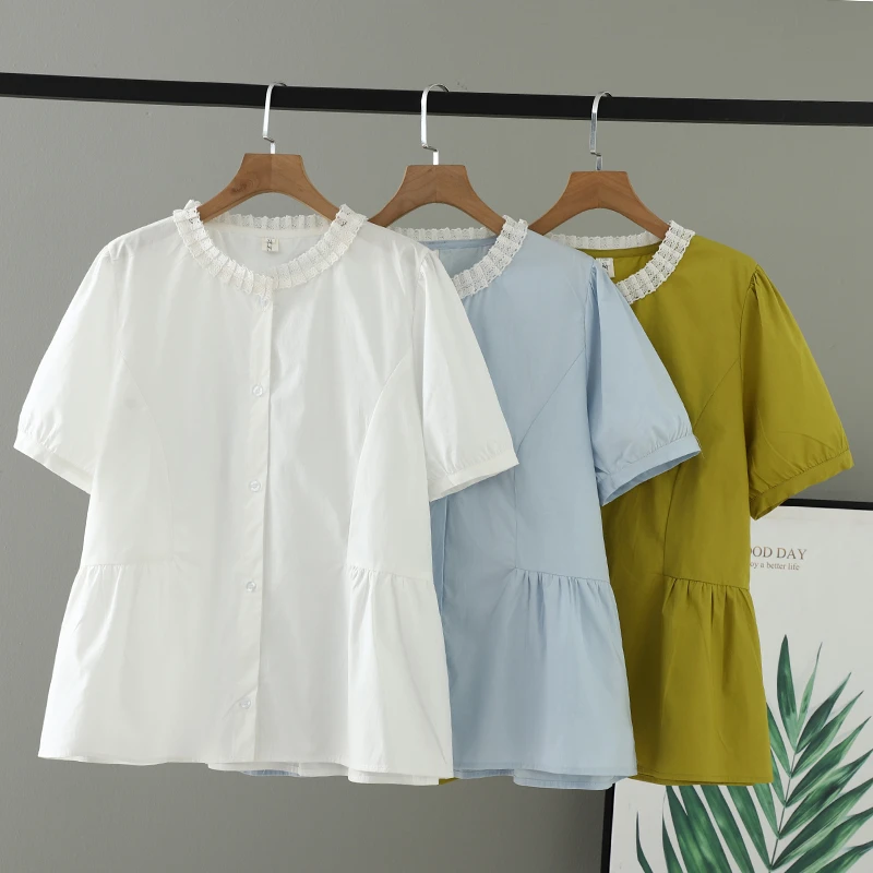 胖mm夏装2025新款女装遮肚别致短袖蕾丝拼接圆领衬衫女大码衬衣