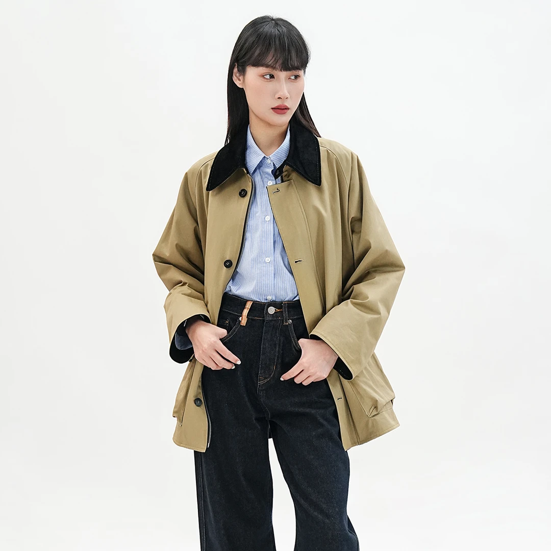 歌蒂诗2025春季新款时尚百搭拼色领宽松卡其色中外套女 3F11W7750