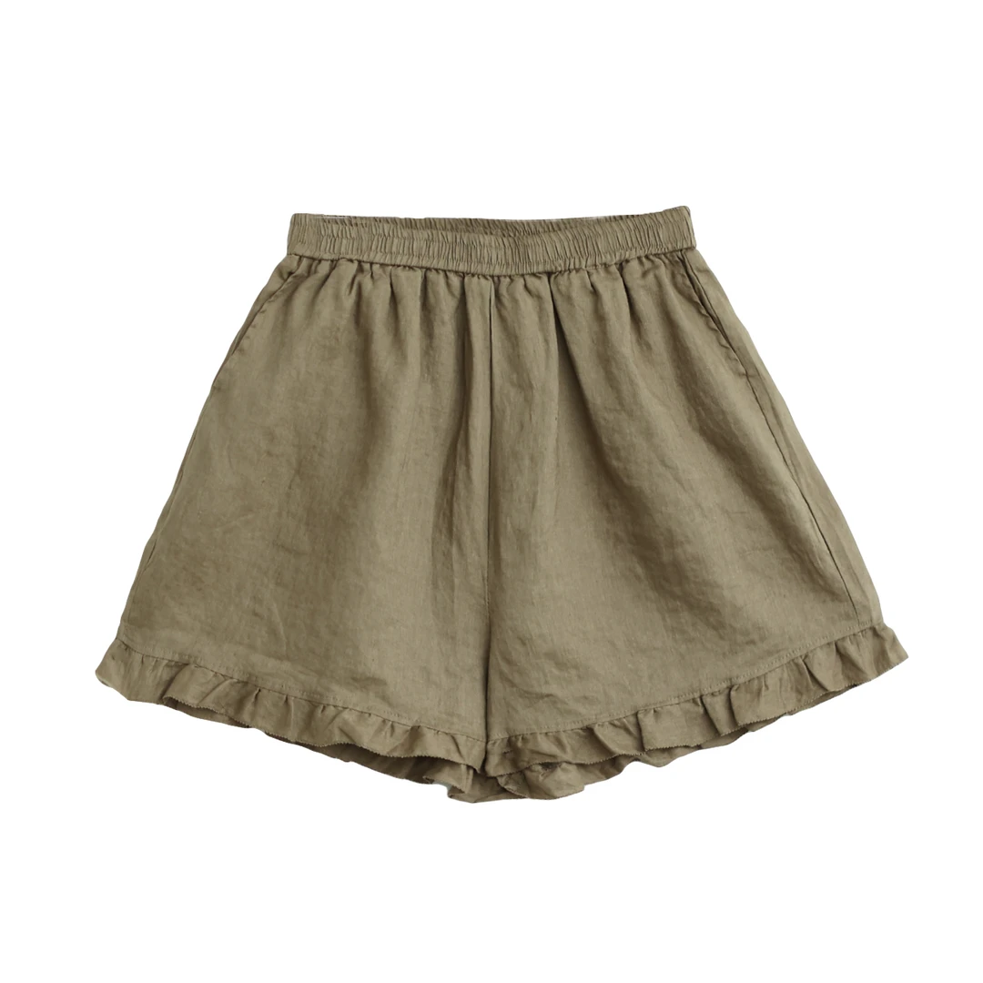 【VOG原创】裤长40 100%亚麻夏款时尚木耳花边休闲短裤女C252