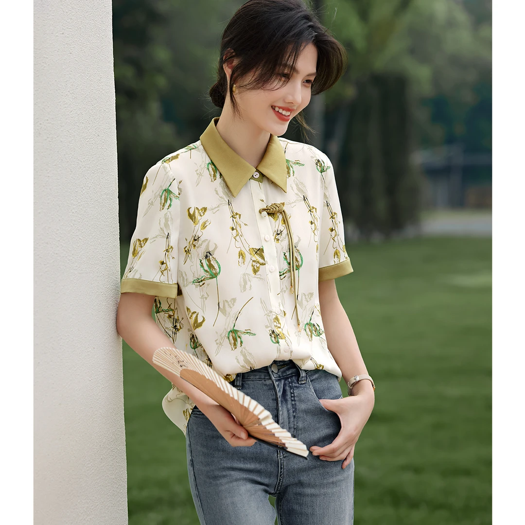 气质优雅拼接衬衫25夏季新款花型盘扣装饰国风撞色拼接衬衫1550