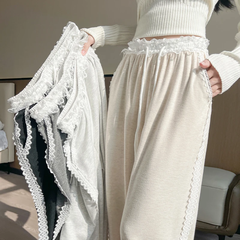 TUBREIT/图百年春夏季高腰薄款蕾丝拼接显瘦花苞腰头休闲阔腿裤女