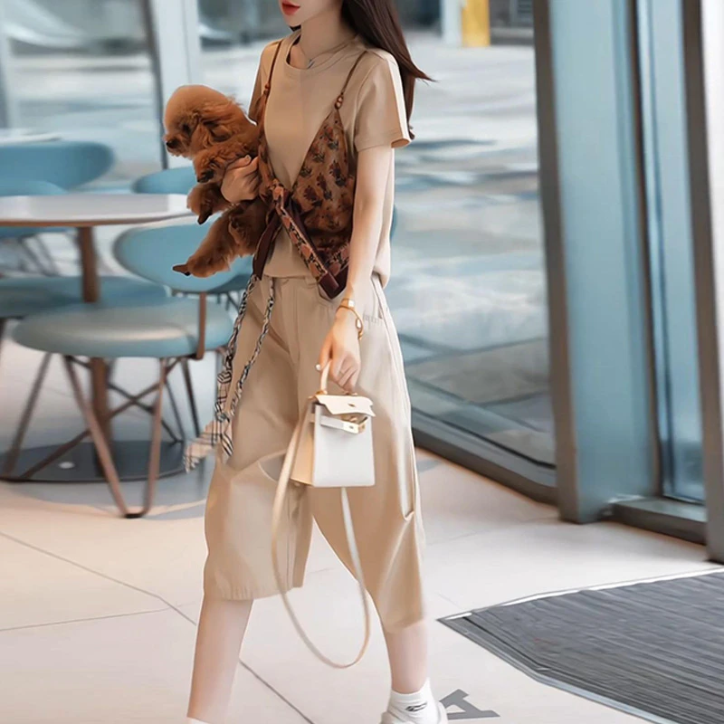 小个子2025夏季时尚假两件圆领短袖t恤高腰六分裤两件套顺E2913-