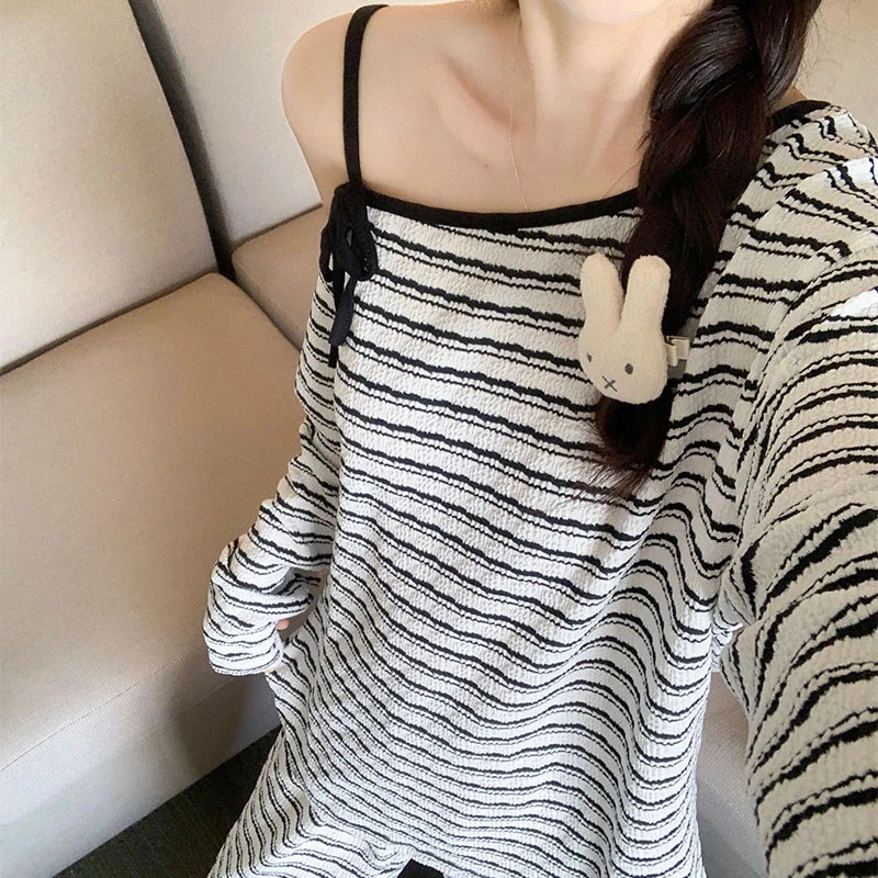 韩版黑白条纹露肩吊带睡衣女款春秋季长袖性感纯欲家居服女士套装