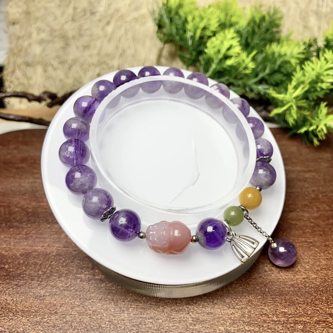 【三石珠宝】天然紫幽灵+貔貅九紫离火设计款女款手串8-9mm  00574