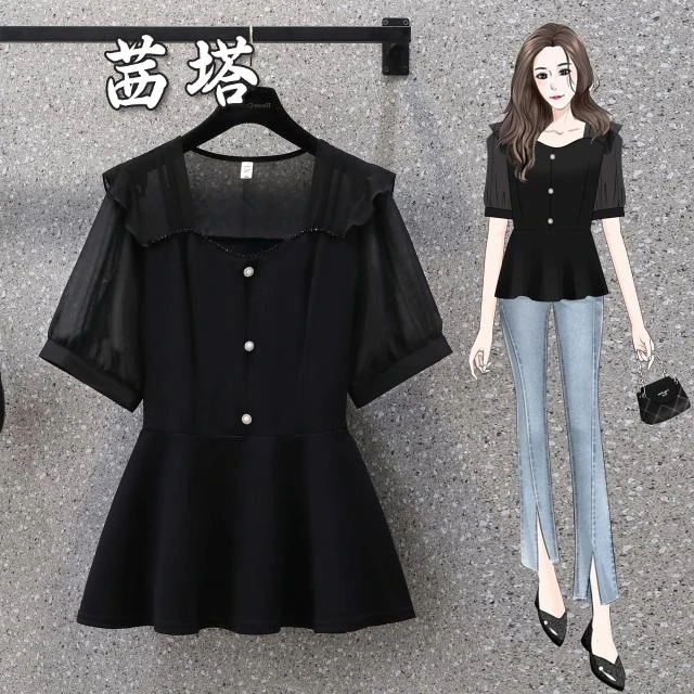 2025年时尚新款大码女装衬衫女设计感夏雪纺拼接百搭显瘦遮上衣女