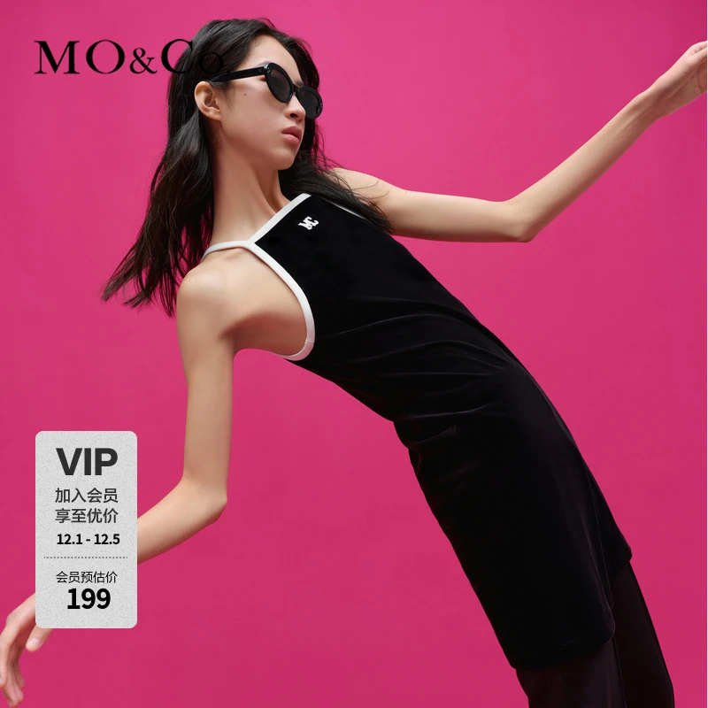 MOCO春夏MC刺绣削肩丝绒感吊带连衣裙气质黑色MBC1DRS037