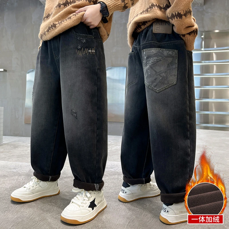 童装男童加绒裤子新款儿童冬装裤冬季大童加厚宽松裤子休闲牛仔裤