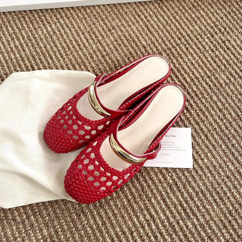 高级感！包头拖鞋女款夏外穿法式金属扣编织镂空坡跟厚底罗马凉拖