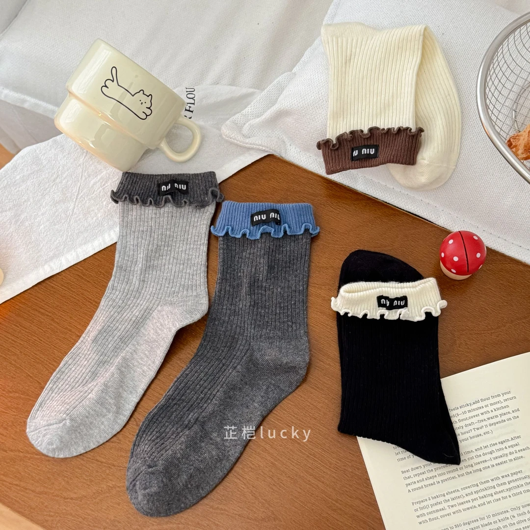 韩系百搭灰蓝色木耳边堆堆中筒袜秋冬洋气时髦拼色保暖百搭设计感