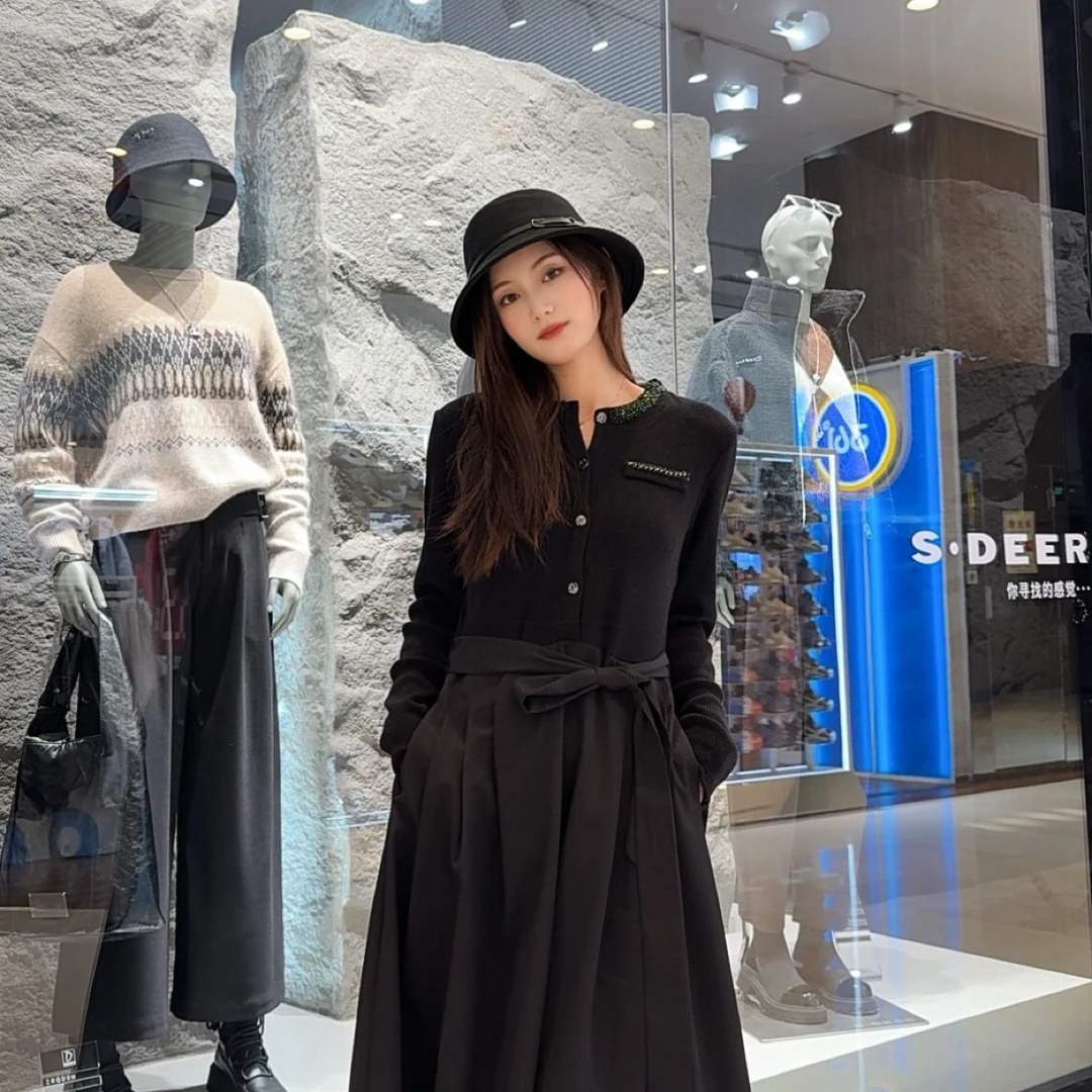 圣迪奥拼接裙子显瘦气质长袖时尚女士收腰连衣裙S244Z1245