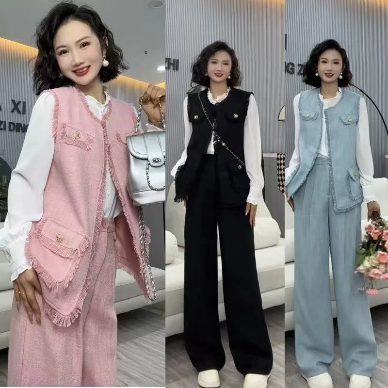 雅希定制~【趣意香风】1313 衬衣马甲外套阔腿裤小香风三件套