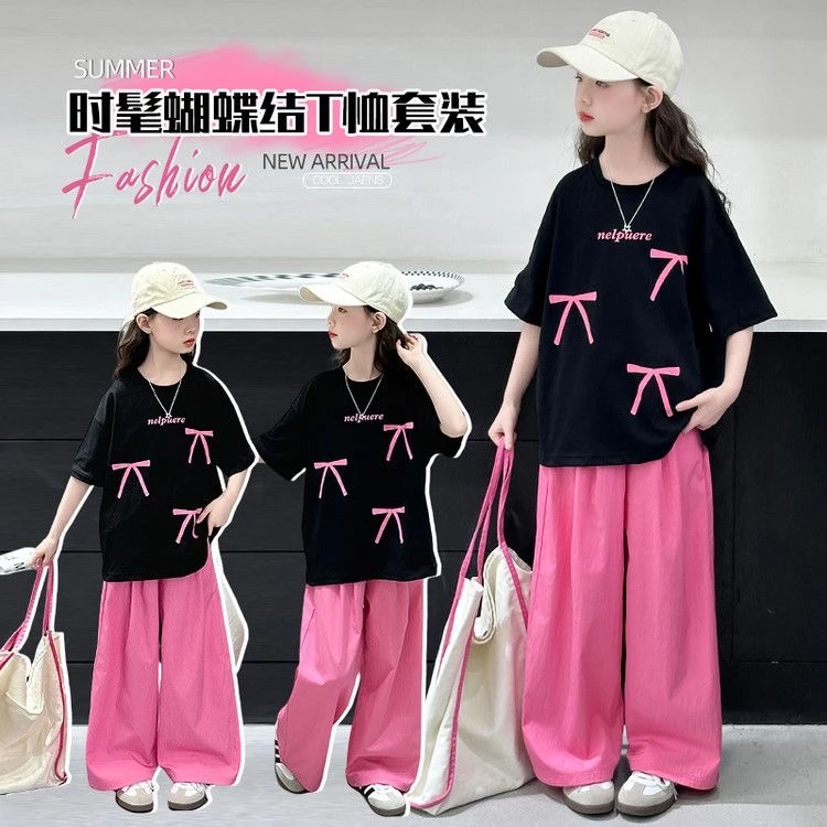 女童2025夏季蝴蝶结短袖套装新款洋气中大童阔腿裤两件套CSC2073