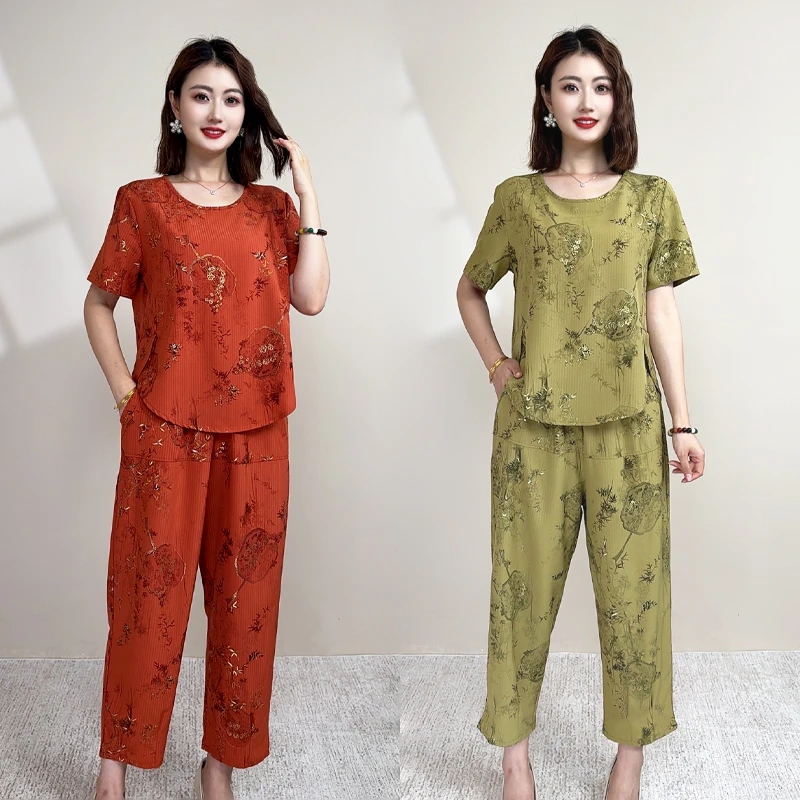 圆领薄款夏季中老年女装两件套妈妈装烫金印花宽松开叉休闲套装