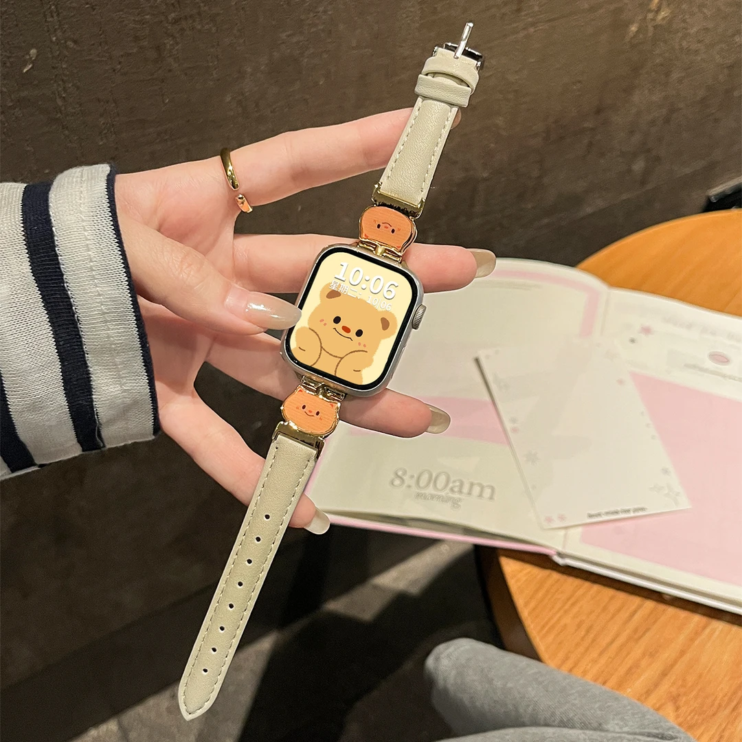棕色软皮小比熊适用iwatch S11表带apple watch10苹果手表秋冬se