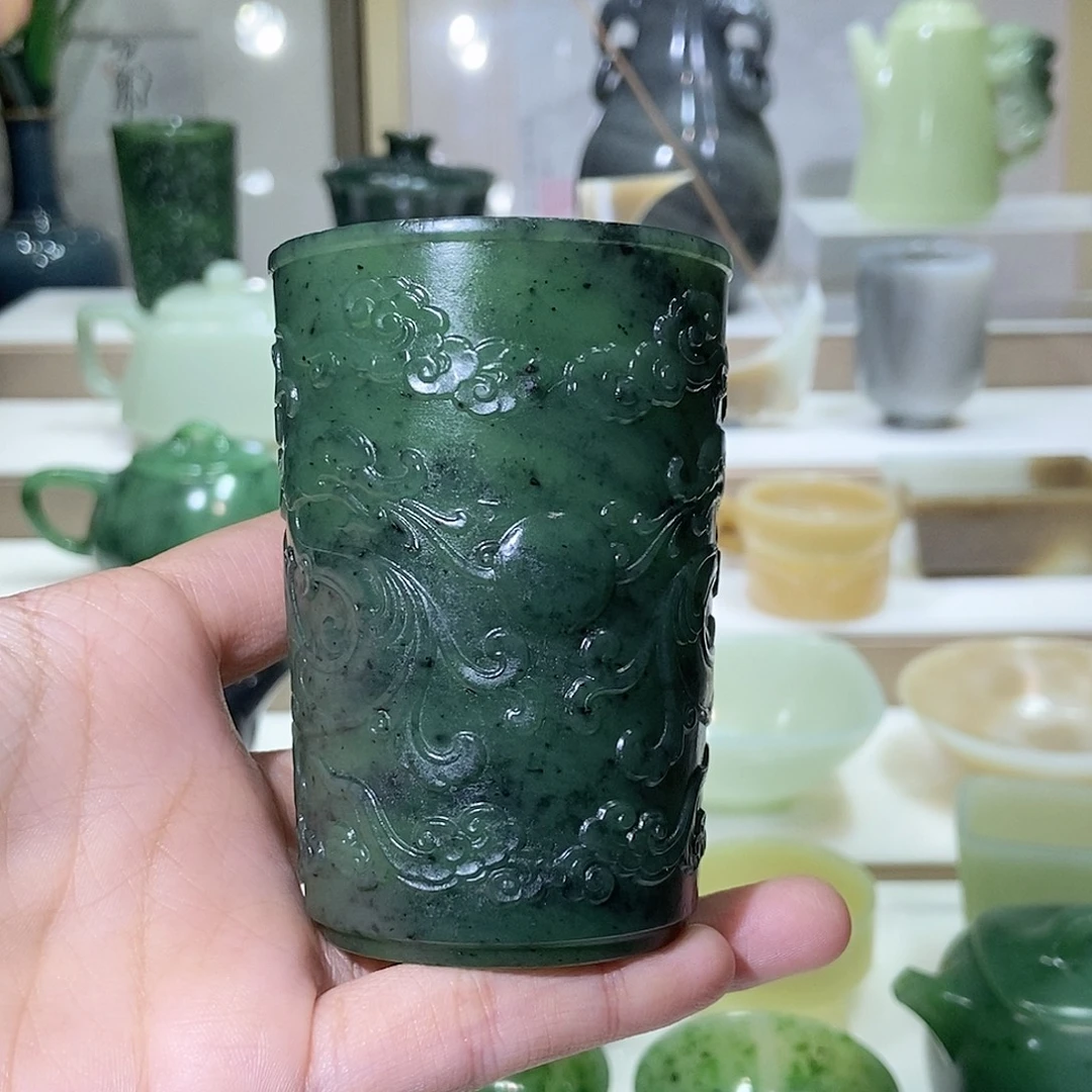 和田玉未镶嵌挂件双龙戏珠碧玉杯