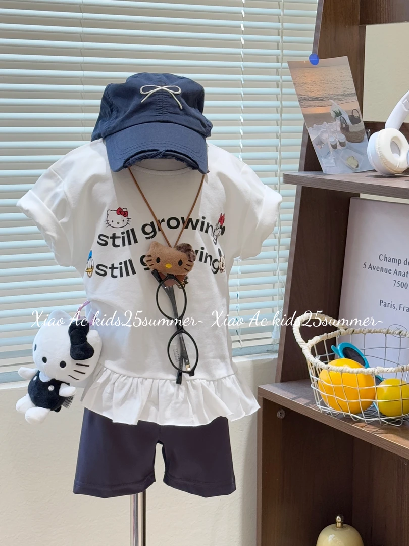 2025夏季款女童韩系可爱卡通印花中长款花边短袖+灰色瑜伽五分裤