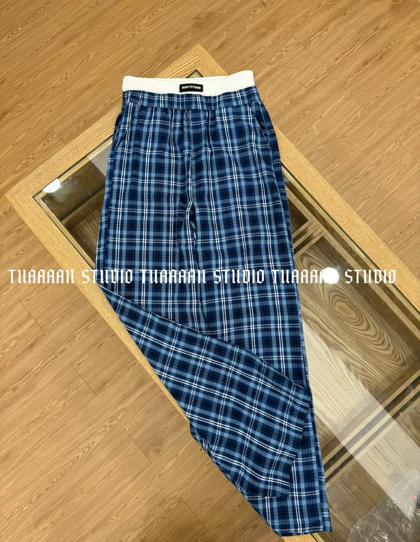 TUAAAAN“烟波褶皱”夏季百搭松紧腰蓝色格子休闲直筒裤#TT6037