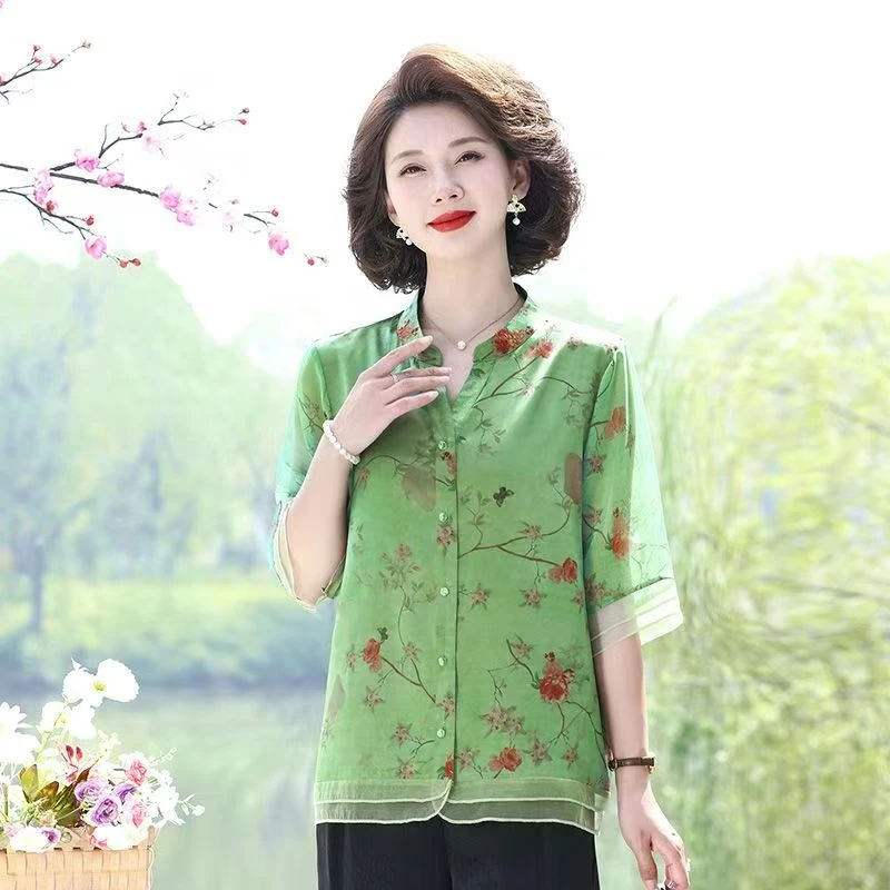 8991-新款妈妈装短袖V领休闲印花中老年洋气打底衫（C8-2-3）