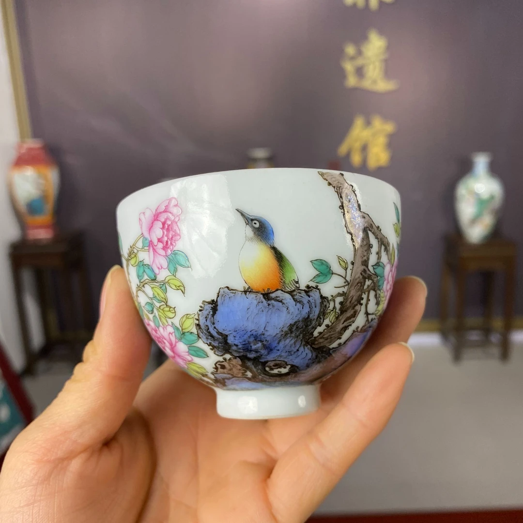 【王国喜】牡丹花鸟小杯容量90cc 景德镇纯手工手绘茶器茶具