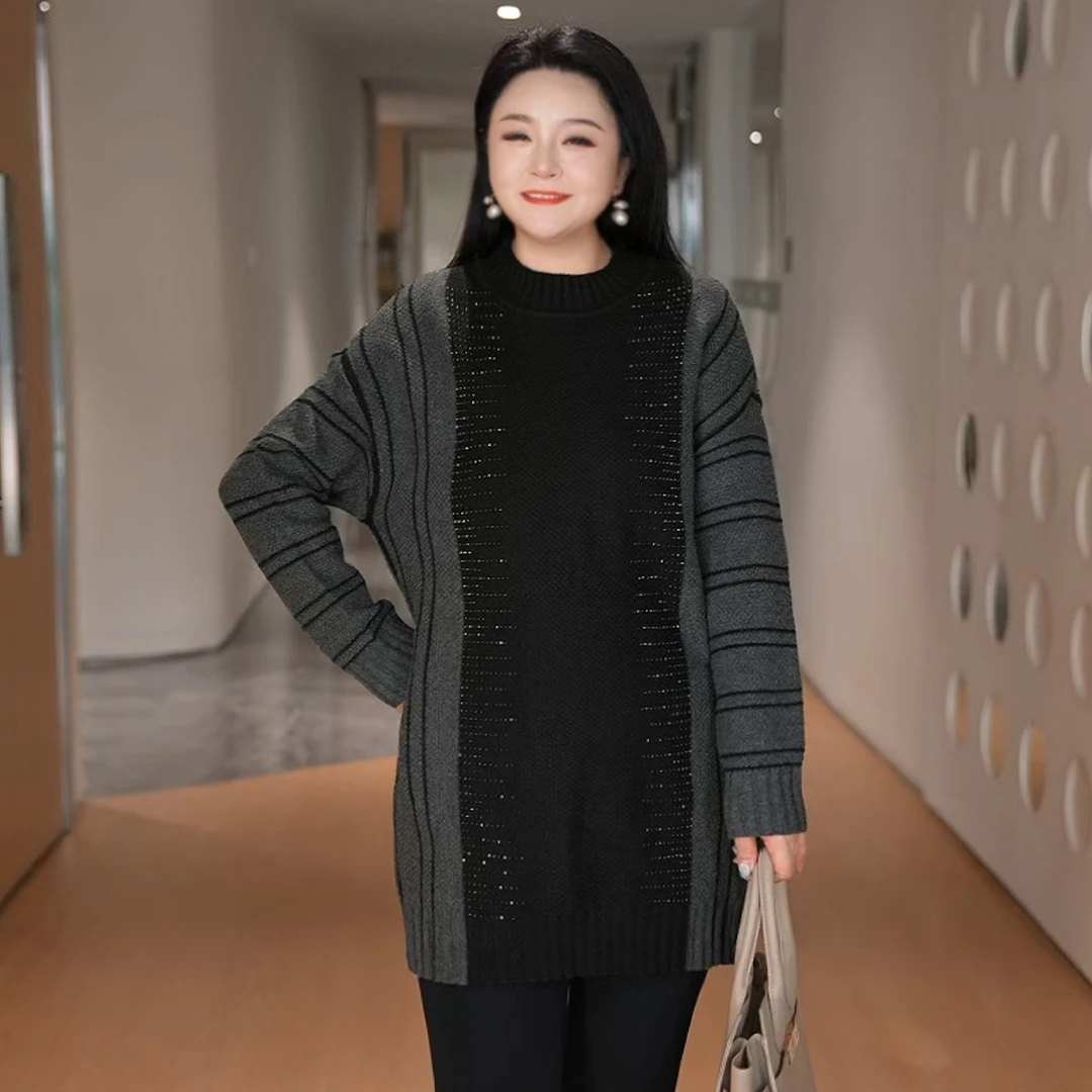 MsShe大码女装冬装慵懒宽松羊毛混纺撞色烫钻毛衣B2509013