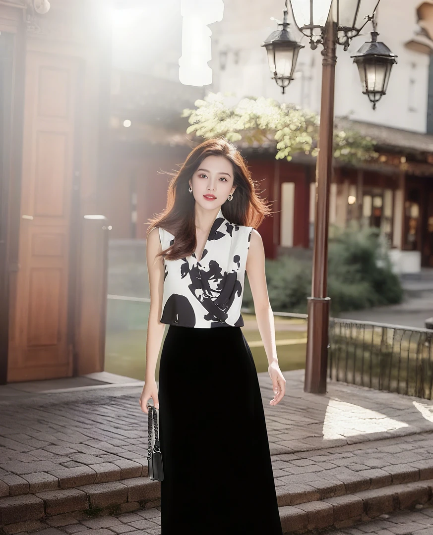 SS1061印花交叉v领无袖衬衫女设计感气质背心上衣黑色半裙两件套
