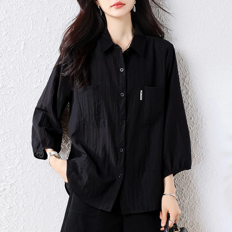 纯色显瘦宽松休闲洋气百搭衬衫2025年春秋气质七分袖减龄上衣女