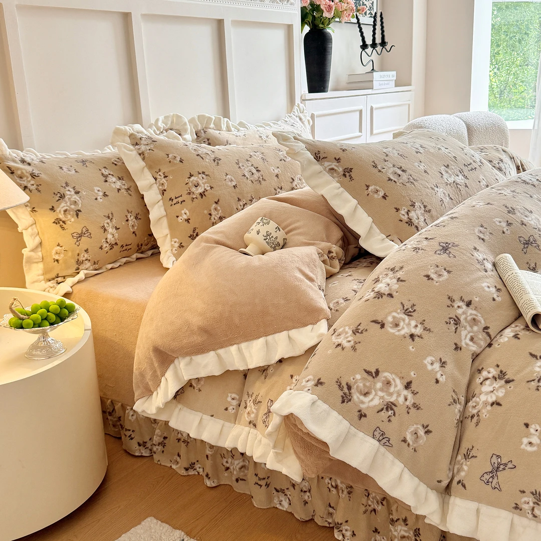 新款法式牛奶绒双层荷叶花边床盖四件套家用印花双人保暖床品套件