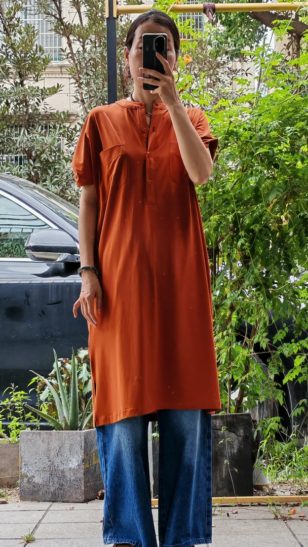 Q232夏季新款女士休闲中长款双口袋短袖连衣裙女