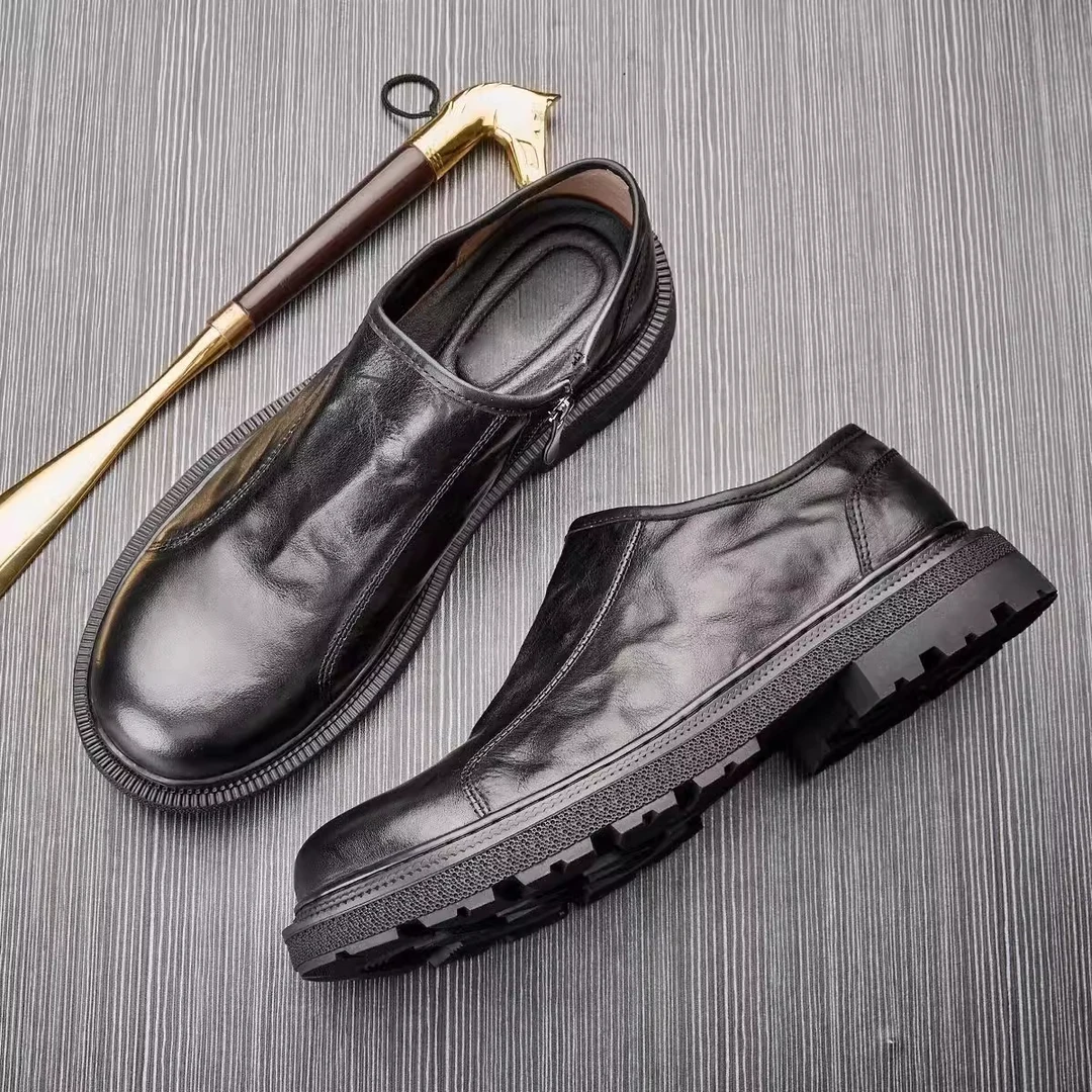 英国『设计师』力荐！四季款英伦牛皮男鞋透气宽脚拉链商务休闲皮鞋