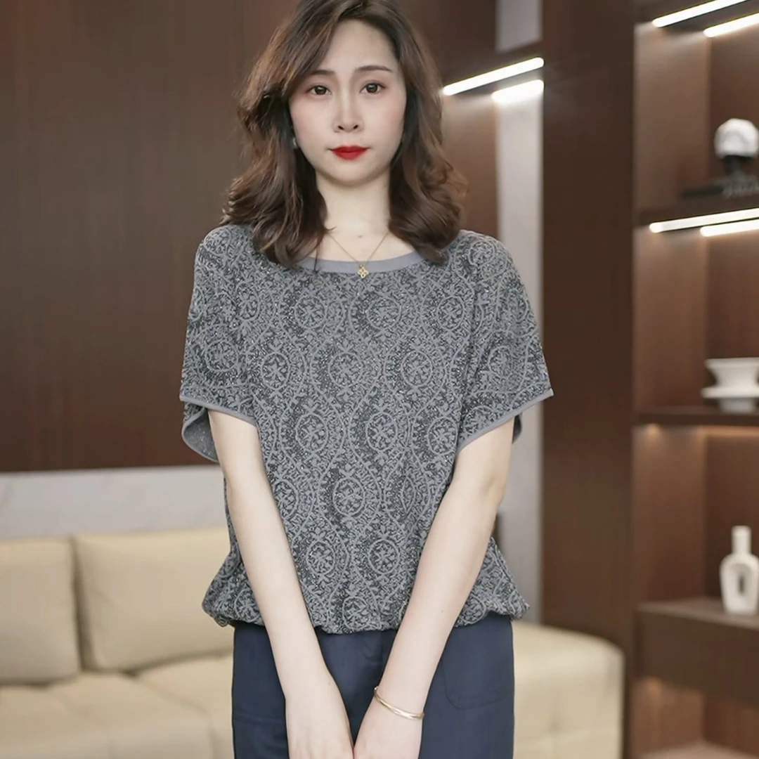 高档时尚提花短袖针织衫女夏季宽松显瘦减龄百搭打底衫上衣3060