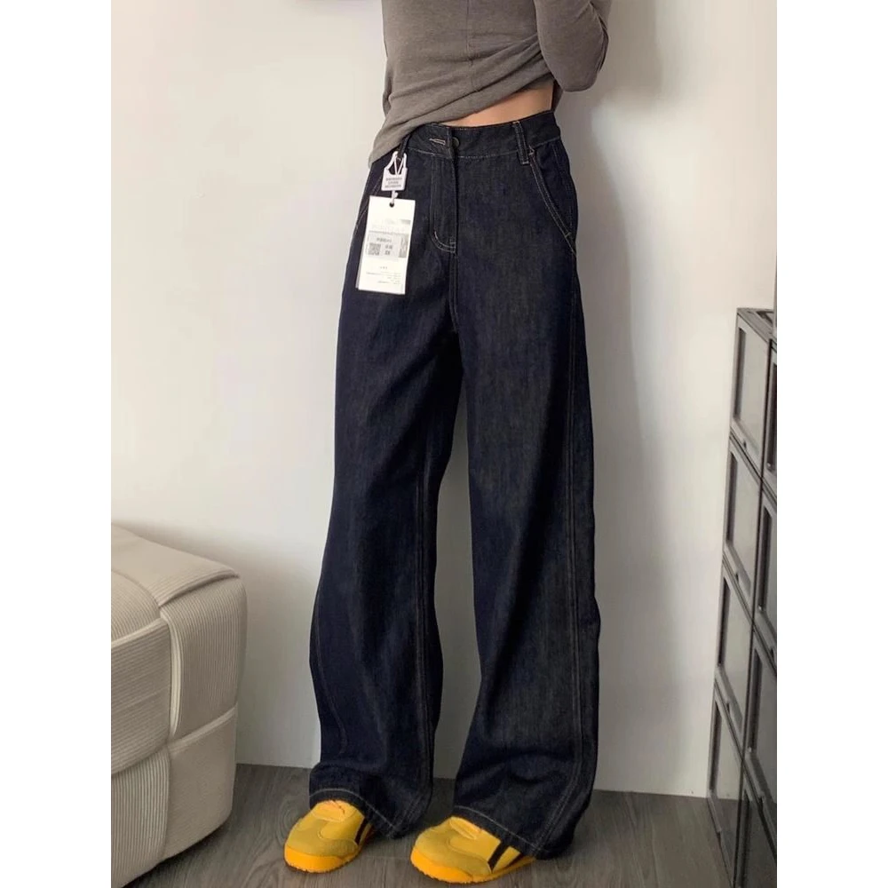 深蓝色丹宁阔腿牛仔裤女秋冬2025年新款大码胖mm宽松高腰直筒裤子