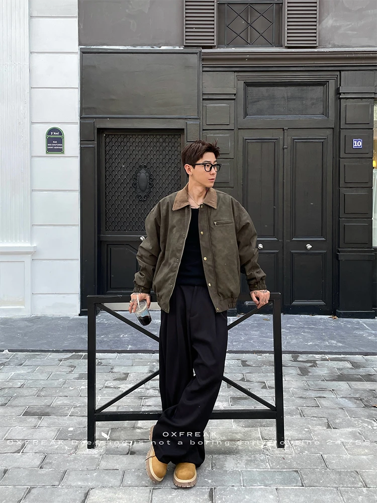 775 美式复古巴恩风灯芯绒拼接PU皮廓形重磅学生百搭工装外套上衣