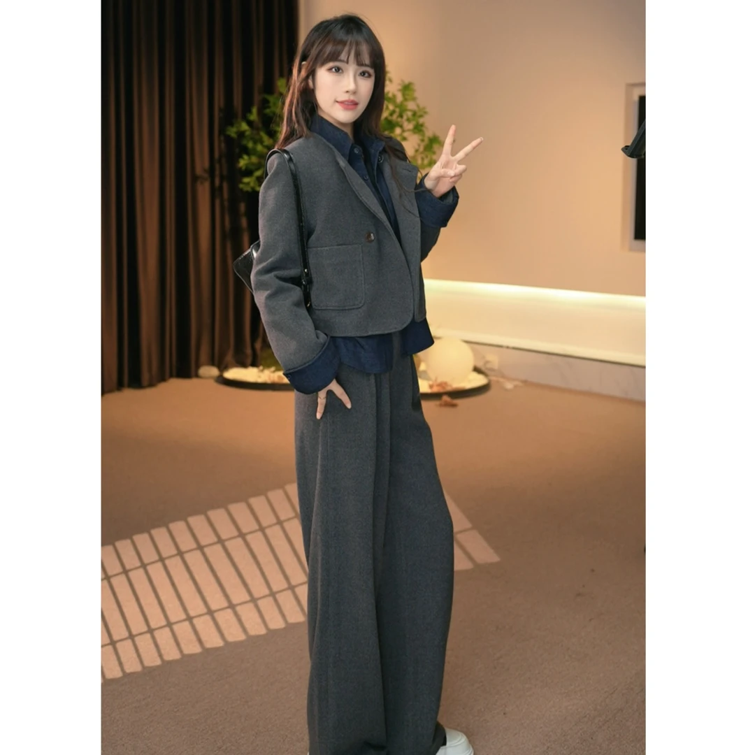 A 羽套装女2024秋冬款高级感显瘦羽绒上衣假两件直筒裤BN0387