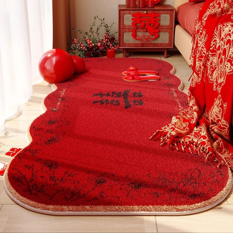 结婚红地毯婚房布置主卧床边地垫卧室喜庆装饰冬季加厚毛毛床边毯