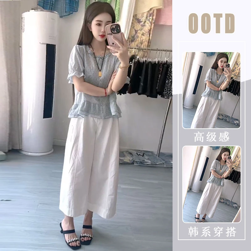 韩系荷叶边泡泡袖波点衬衫上衣女2025夏款小清新小衫休闲裤两件套