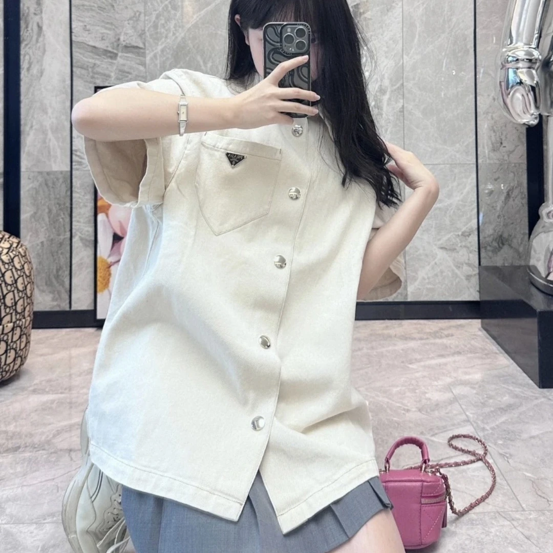 未使用 Prada/普拉达 汤/P235907672/破坏三角标 短袖 衬衫 36码