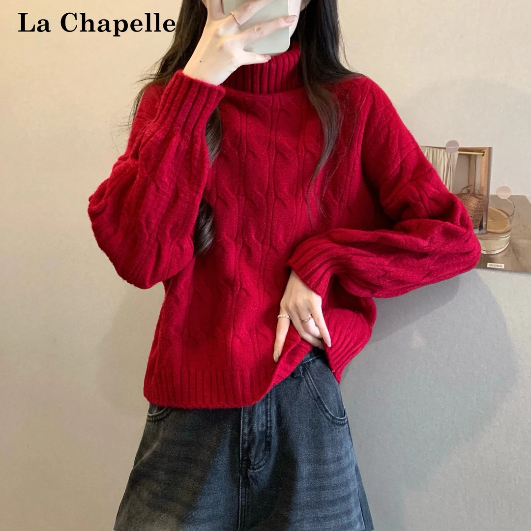 拉夏贝尔复古慵懒风设计感麻花高领毛衣女冬季加厚宽松百搭打底衫