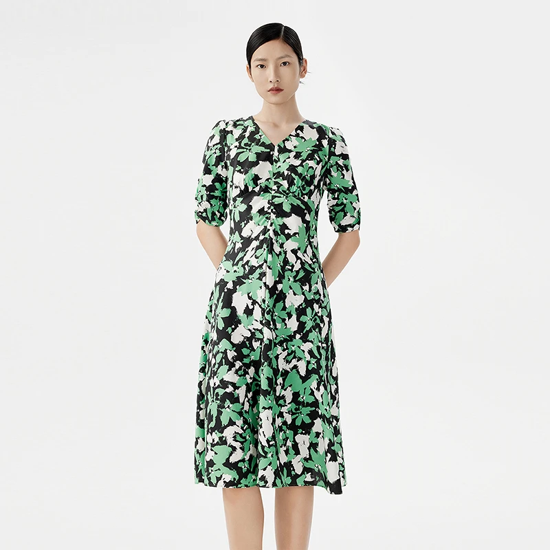 【商场同款】LANCY/朗姿2024夏季新款V领印花连衣裙收腰显瘦复古