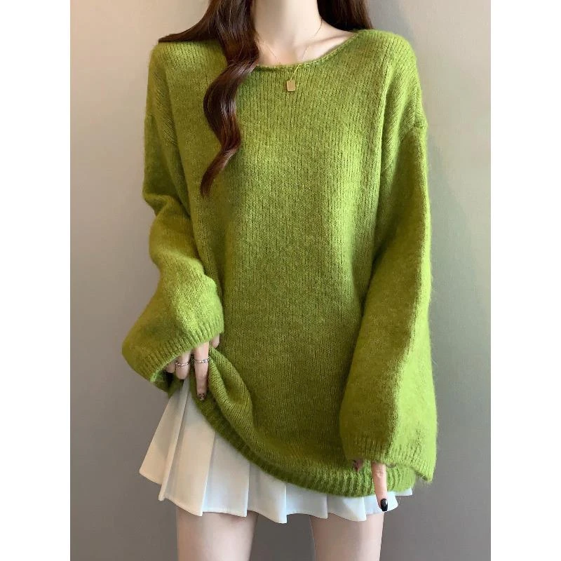 绿色马海毛长袖针织衫毛衣女2025早秋季大码胖mm中长款多巴胺上衣