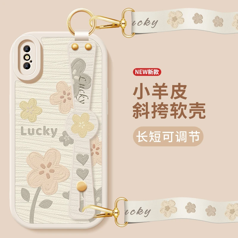适用苹果xsmax手机壳iPhonexs新款ipxr小羊皮花朵斜跨腕带挂绳绿