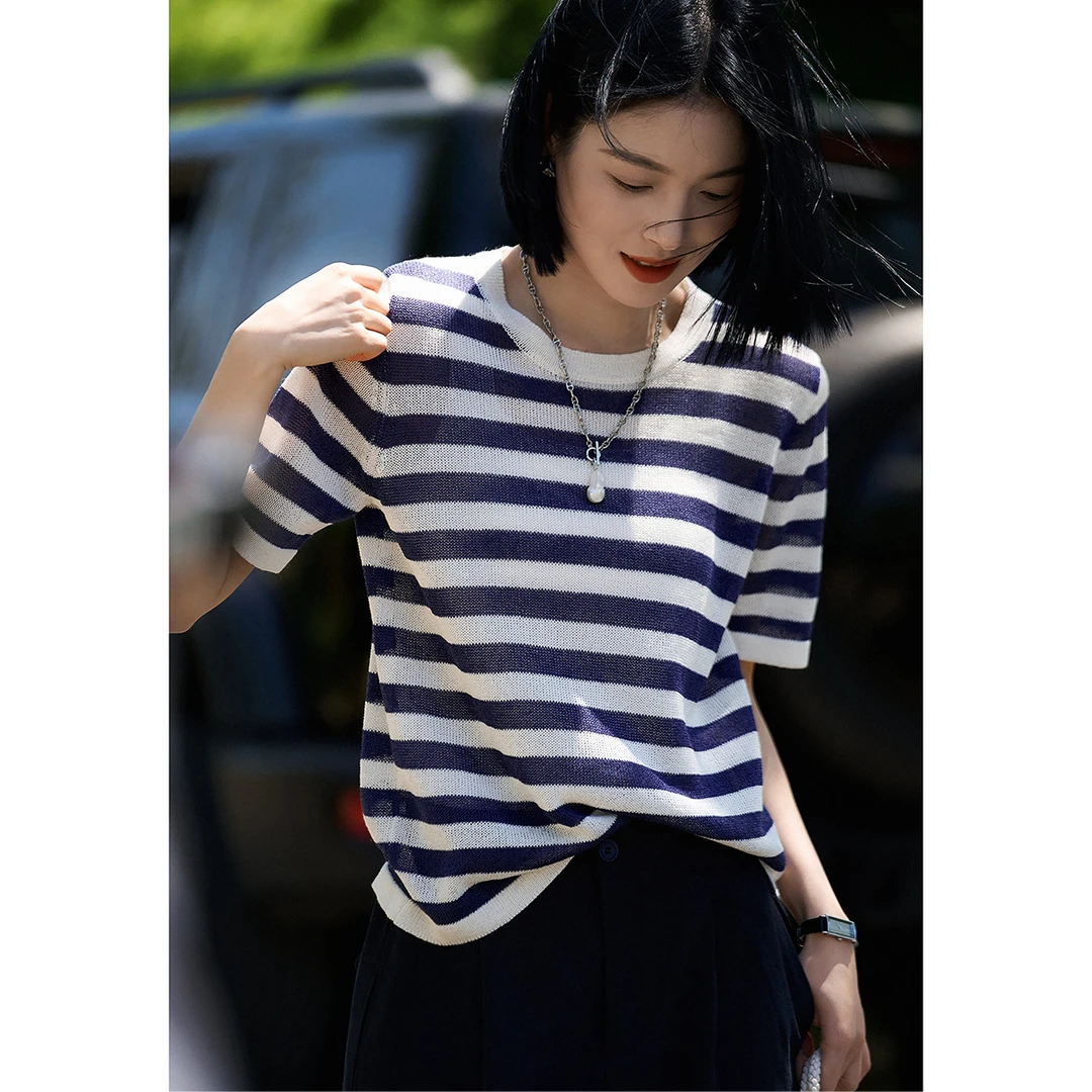 【海魂针织T】法式简约风经典条纹桑蚕丝短袖圆领上衣女ZYN862622MG
