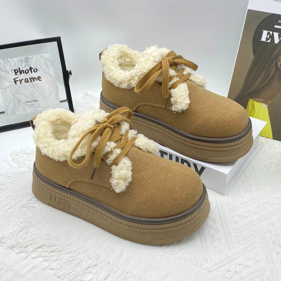 韩版厚底系带棉鞋加绒勃肯鞋防水保暖雪地靴女2024冬新款百搭短靴