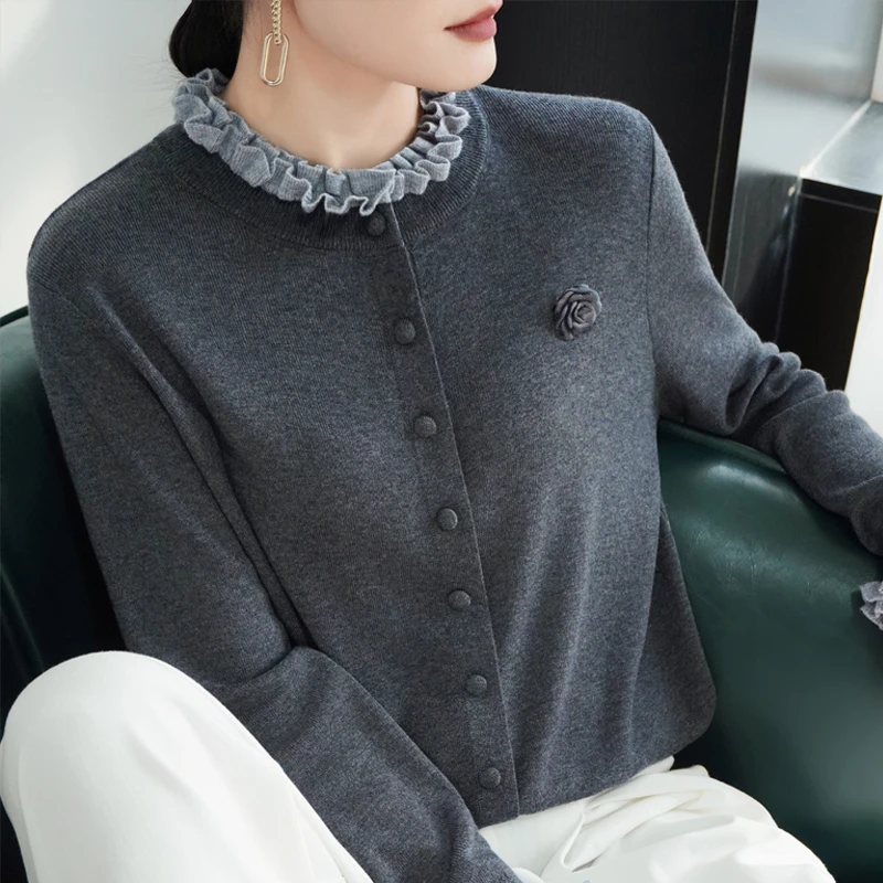 时尚玫瑰花木耳领精纺开衫长袖女春季针织衫百搭显瘦纽扣外套