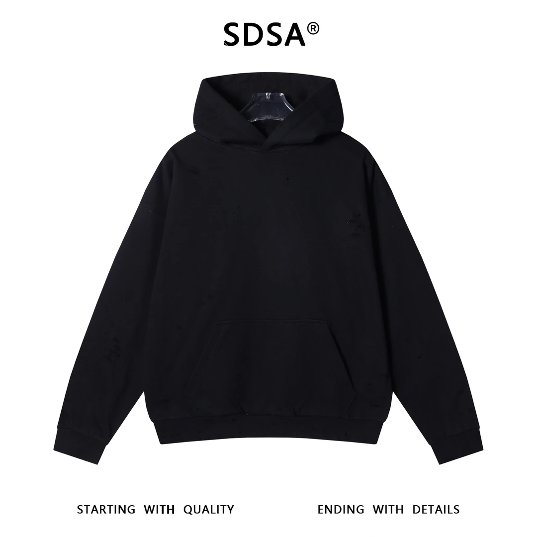 SDSA男士秋冬新款痞帅男装韩版纯色破洞烫钻连帽卫衣百搭宽松上衣